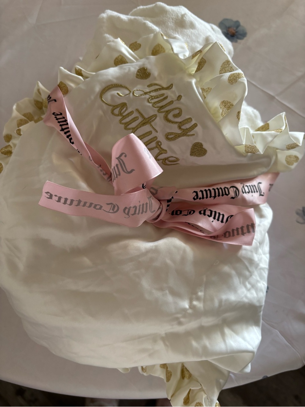 Juicy Couture White  layette blanket with Gold Hearts and Pink Logo Ribbon
